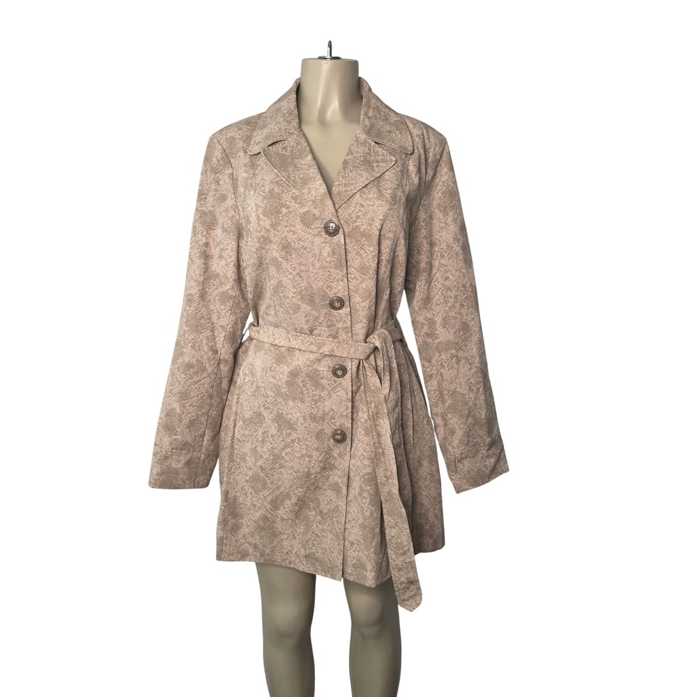 Relativity Trench Coat Womens L Beige Snakeskin Print Belted Mid Length Jacket